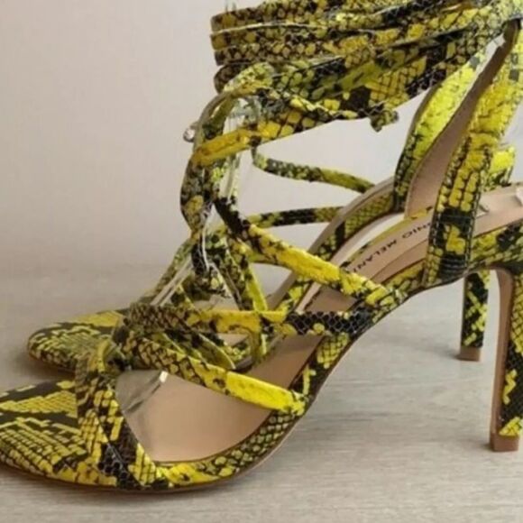 ANTONIO MELANI Vaylyn Snake Print Leather Lace Up Sandal Yellow Black sz 9 - Picture 4 of 10